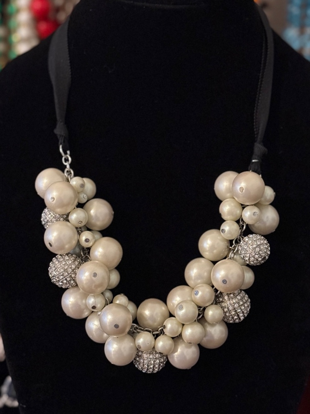 Bubble Pearl Cluster Statement Necklace with Crystal Accents